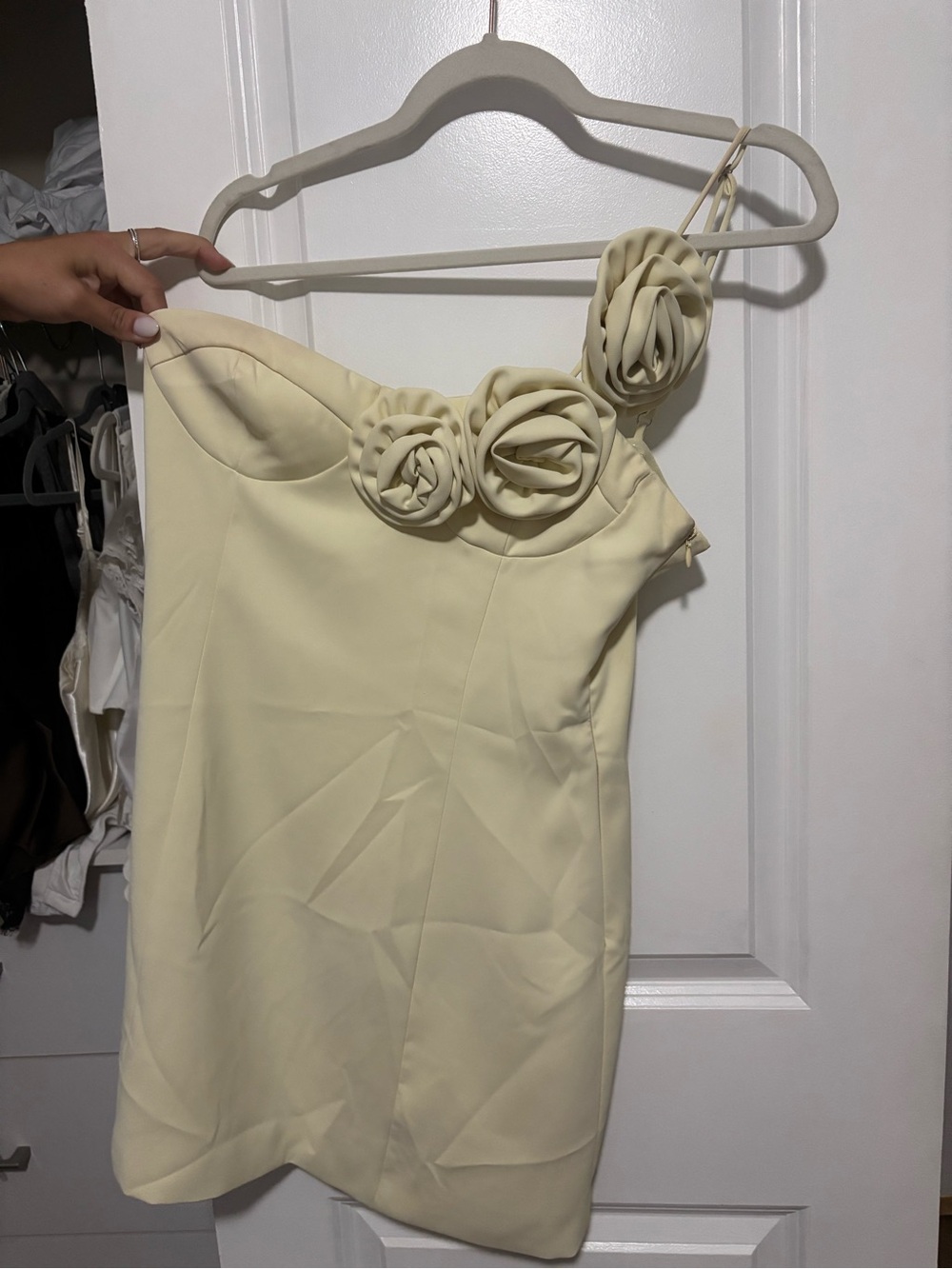 Peppermayo Cream One-Shoulder Rosette Mini Dress